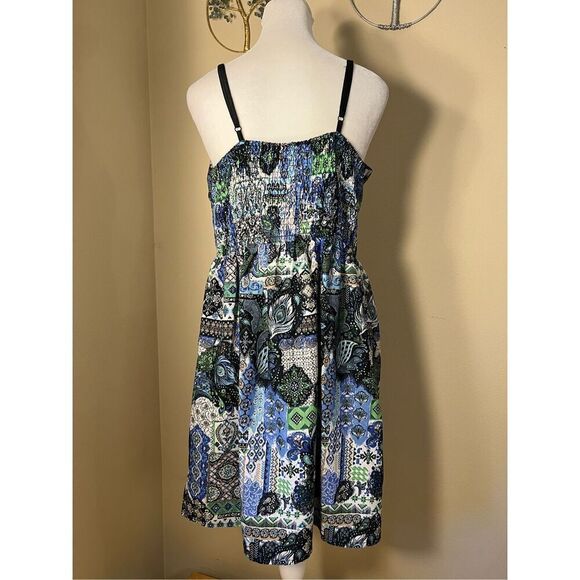 It's Pink Blue Green White Mixed Print Boho Mini Dress w Pockets Large - Picture 9 of 9